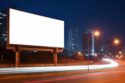 Blank billboard on the highway during the twilight with city background with clipping path on screen, Generative AI.