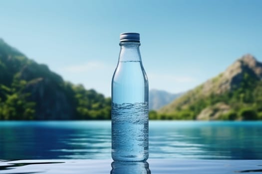 Water bottle aesthetic scenery blue background ultra realistic.