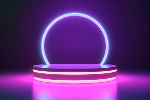 illustration of 3d rendering abstract podium neon circle tunneling lights for ecommerce signs retail.