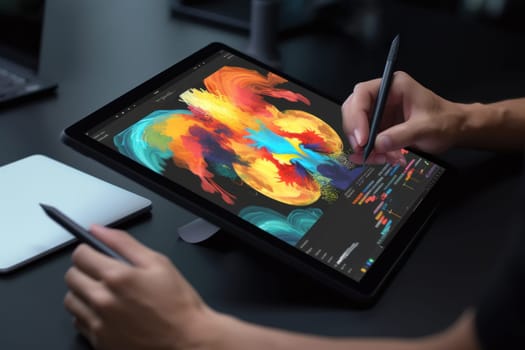 Close up of a Graphic Designer hand drawing on a digital tablet.