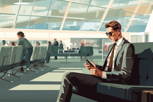 Man at airport lounge and using mobile phone, Businessman working and using mobile at busy time on airport, Generative AI.