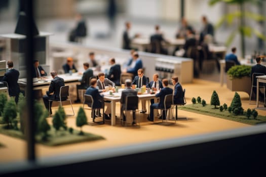 Miniature model a europe group of employees are sitting in a meeting.