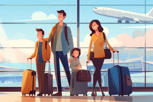 Family Trip Concept, family travel at airport,Time for family vacation, family travel at airport 2d, Generative AI.