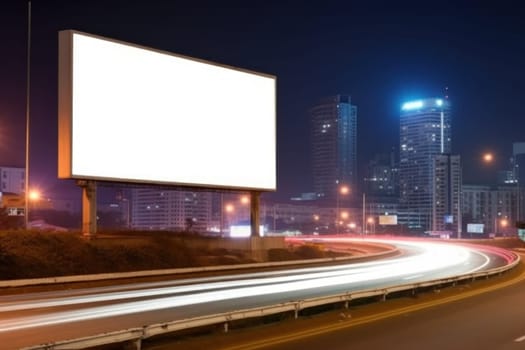 Blank billboard on the highway during the twilight with city background with clipping path on screen, Generative AI.
