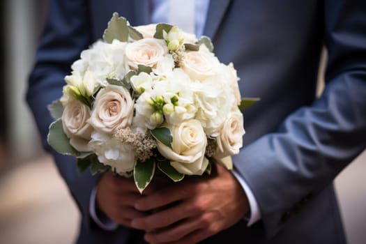 A close up of a bride's or groom's hands holding a bouquet.