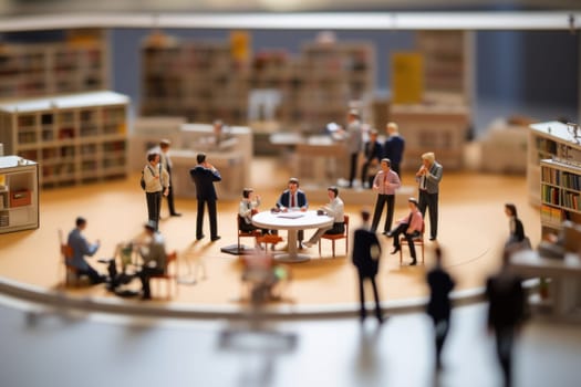 Miniature model a europe group of employees are sitting in a meeting.