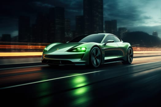 Showcase the futuristic power of a light green and black electric car speeding down a sleek highway.