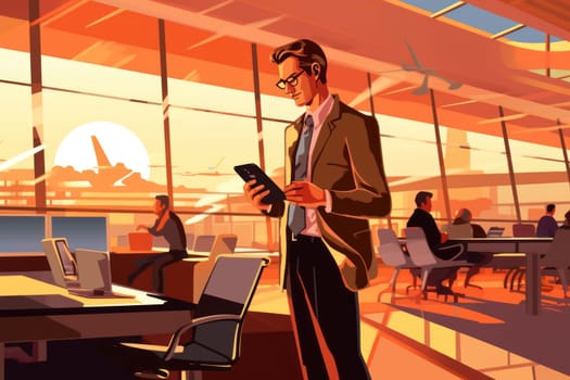 Man at airport lounge and using mobile phone, Businessman working and using mobile at busy time on airport, Generative AI.