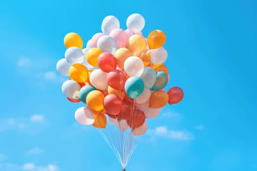 Colorful balloons floating against a clear blue sky, Generative AI.