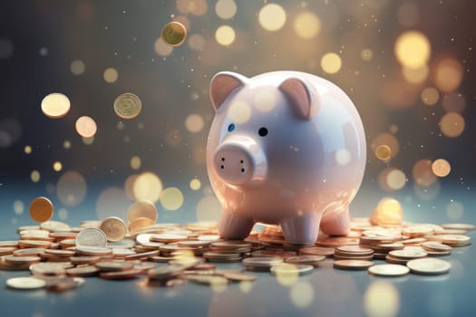 Piggy bank with falling coins. Savings and investment. Generative Ai.