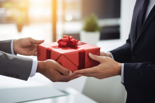 Close up view of hands Giving a business gift in an office.