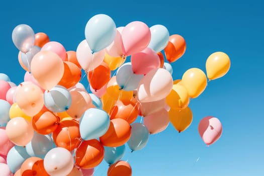 Colorful balloons floating against a clear blue sky, Generative AI.