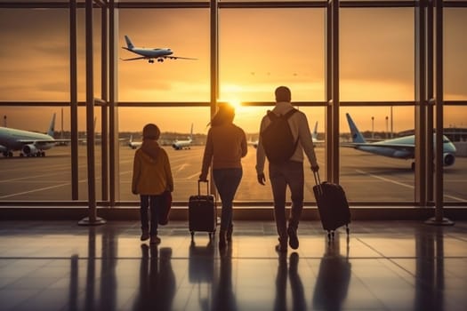 Family Trip Concept, family travel at airport,Time for family vacation, Generative AI.