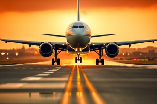 Commercial plane flying over the runway while with blurred background.