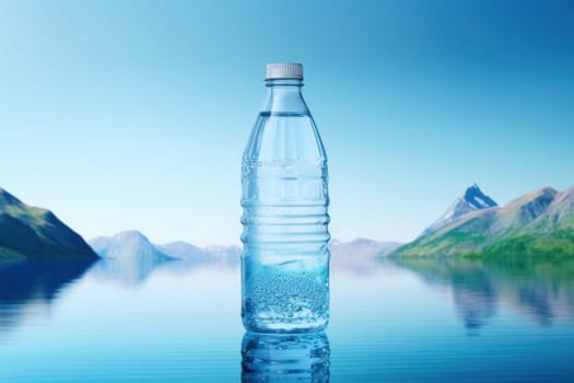 Water bottle aesthetic scenery blue background ultra realistic.