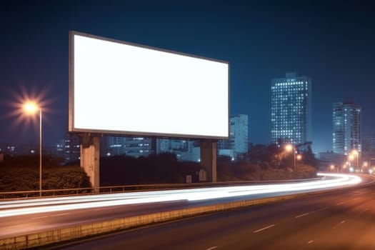 Blank billboard on the highway during the twilight with city background with clipping path on screen, Generative AI.