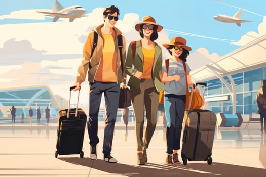 Family Trip Concept, family travel at airport,Time for family vacation, family travel at airport 2d, Generative AI.