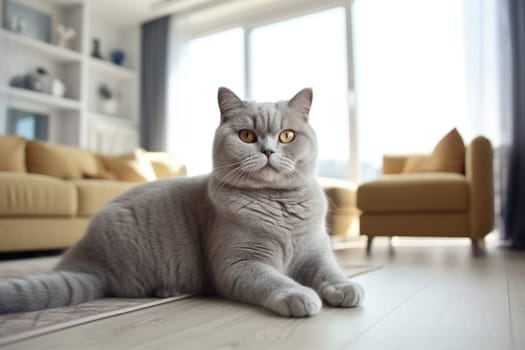 Modern living room interior Cute cat near couch Generative AI.