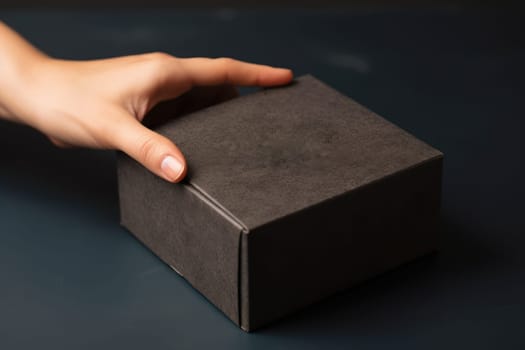 a hand holding a mailing box mockup delivery service concept photo.