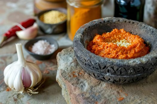 Harissa sauce, traditional in the Maghreb countries, made from hot red pepper, garlic and spices in a bowl on the surface of a natural stone. AI created.