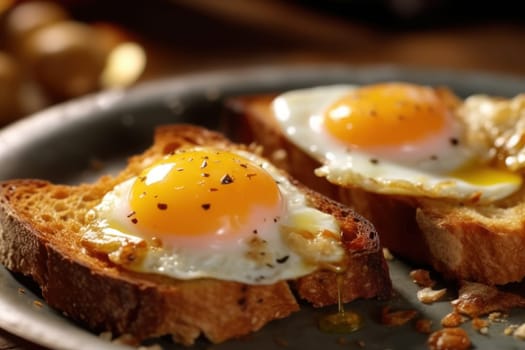 Breakfast with delicious fried eggs garnished with sliced tomato Generative AI.
