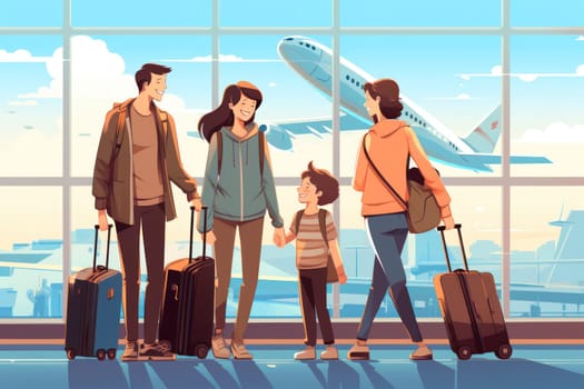 Family Trip Concept, family travel at airport,Time for family vacation, family travel at airport 2d, Generative AI.