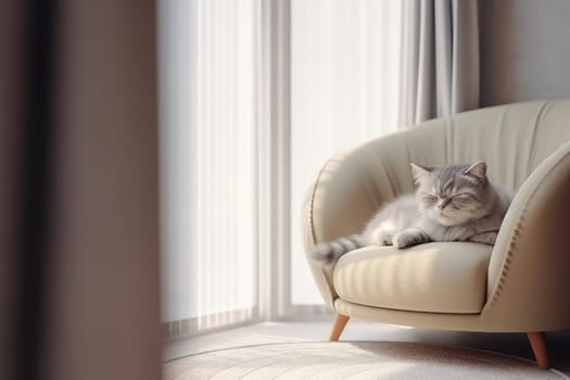 Modern living room interior Cute cat near couch Generative AI.