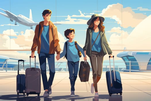 Family Trip Concept, family travel at airport,Time for family vacation, family travel at airport 2d, Generative AI.