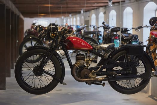 Retro motorcycles at an exhibition in Denmark.