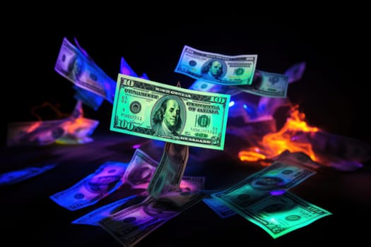 dollar bills falling with Neon colorful background.
