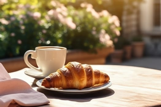Close up photo of Coffee breakfast with pastries croissants Generative AI.