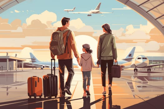 Family Trip Concept, family travel at airport,Time for family vacation, family travel at airport 2d, Generative AI.