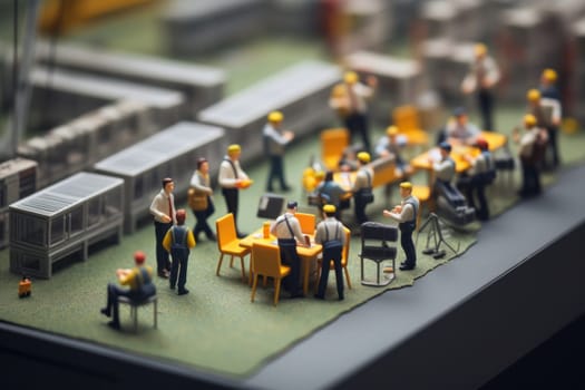 Miniature model a europe group of employees are sitting in a meeting.