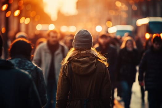 Crowd of people walking in the street with soft bokeh, fast moving in city.
