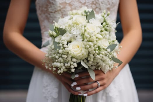A close up of a bride's or groom's hands holding a bouquet.