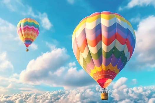 Colorful balloons floating against a clear blue sky, Generative AI.