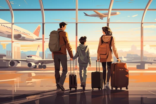 Family Trip Concept, family travel at airport,Time for family vacation, family travel at airport 2d, Generative AI.