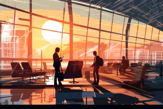 Man at airport lounge and using mobile phone, Businessman working and using mobile at busy time on airport, Generative AI.