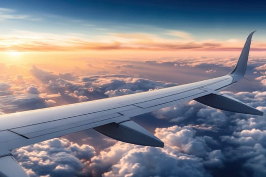 Photo View from the window of an airplane wing while flying over a blue sky.