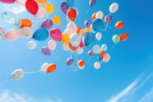 Colorful balloons floating against a clear blue sky, Generative AI.