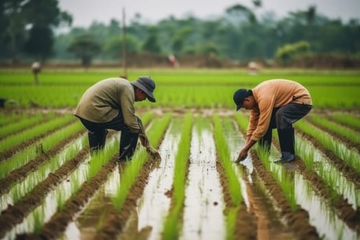 Agriculture of Asia Local Thai farmers are planting rice fields.