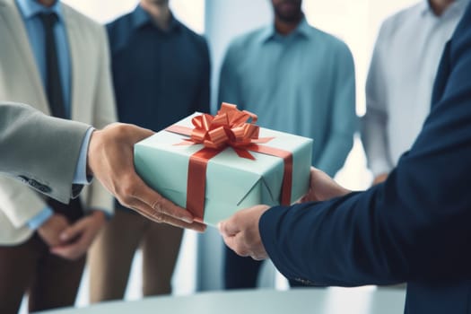 Close-up view of hands Giving a business gift in an office.
