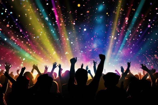 a vibrant concert crowd illuminated by colorful stage lights and surrounded by falling confetti.