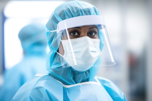 A medical worker in full personal protective gear, PPE suit.