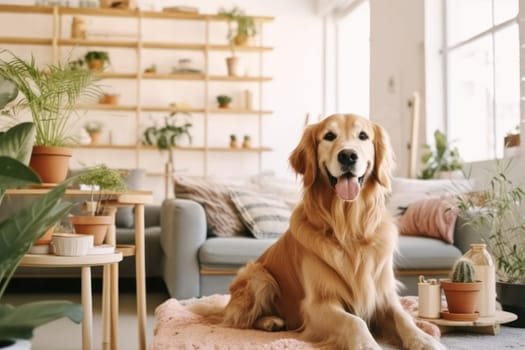 Modern living room interior Cute Golden Labrador Retriever near couch Generative AI.
