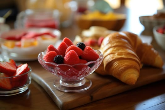 Close up photo of Coffee breakfast with pastries croissants Generative AI.