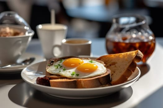 Breakfast with delicious fried eggs garnished with sliced tomato Generative AI.