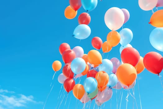 Colorful balloons floating against a clear blue sky, Generative AI.
