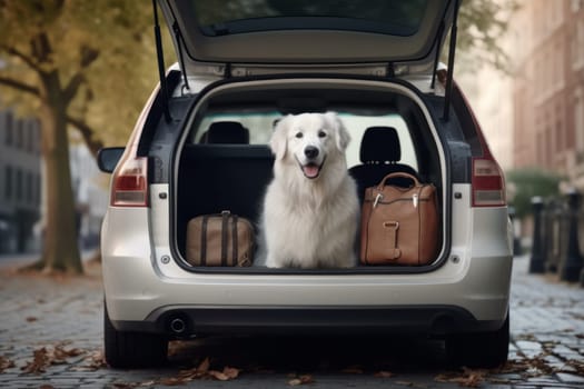 Car trunk with cute Dog and luggage Dog Travel concept Generative AI.