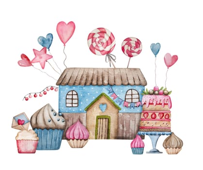 Hand-Drawn Watercolor Illustration Features Cute Blue House With Cakes, Cupcakes, And Candies Around For Valentine'S Day - Clipart Illustration